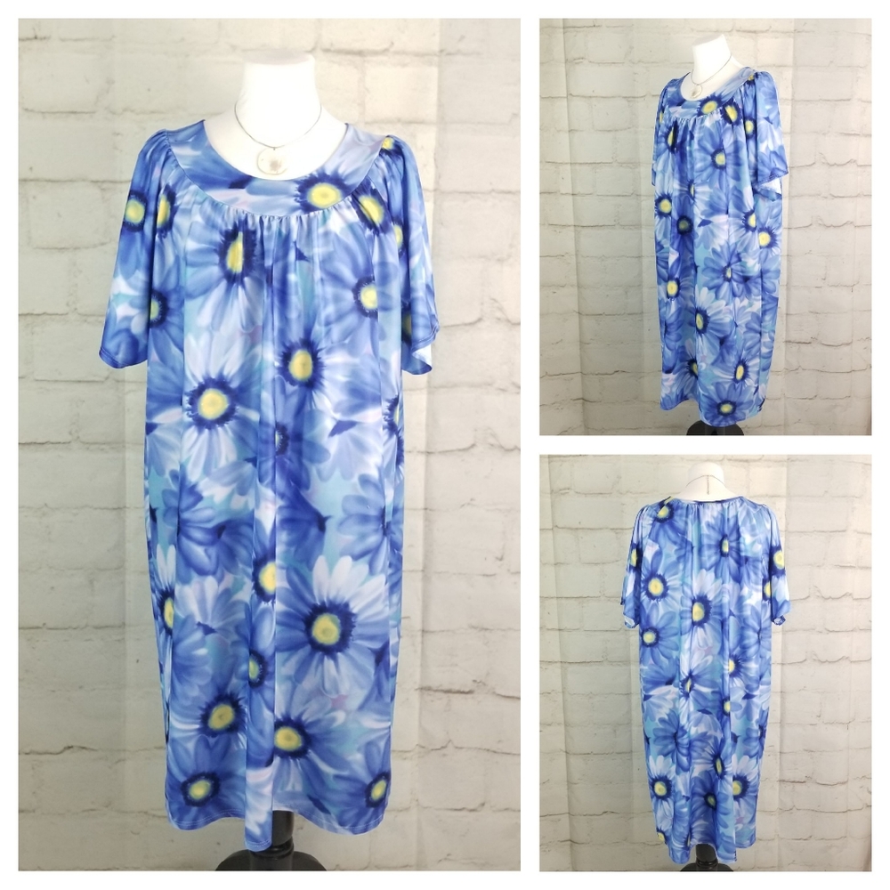 Vintage Penmans L Blue Floral Muumuu House Dress
